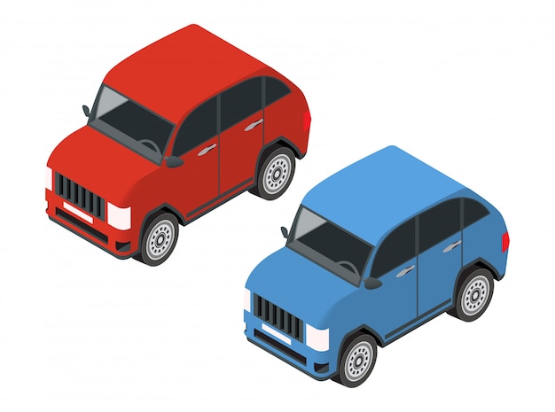 Isometric off-road car of red and blue color.