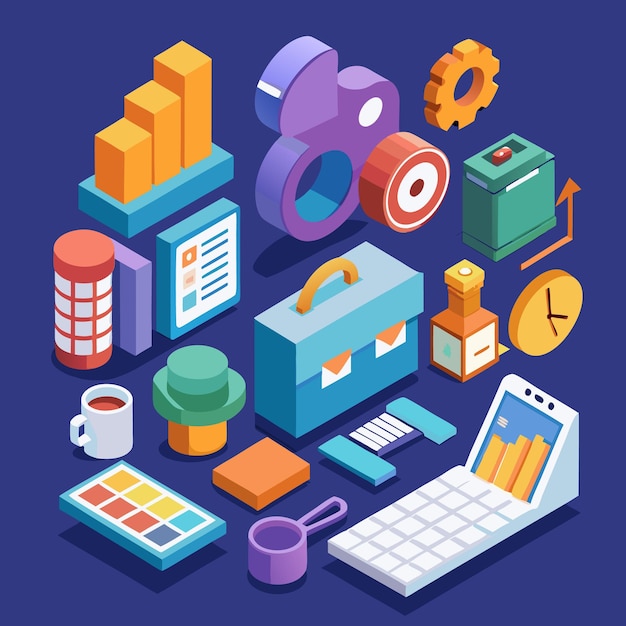 Isometric Office and Business Icons Set 3D Vector Illustrations for Productivity