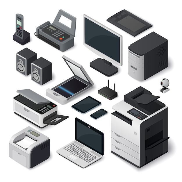 Isometric office equipment  set.