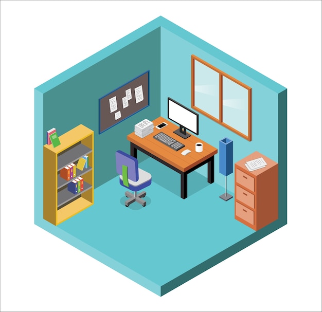 Vector isometric office interior office desk with pc and chair.