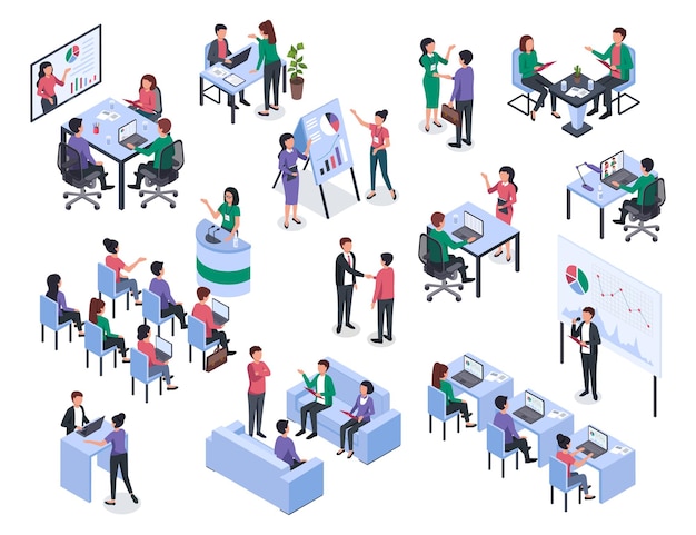 Isometric office meeting business training coaching and mentoring leader presents project vector set