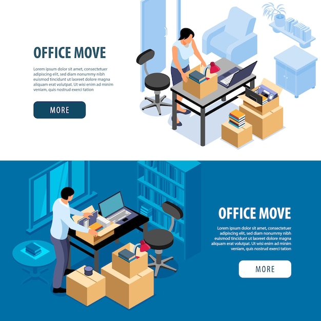 Isometric office move banners set of indoor scenes with people packing things more button and text illustration