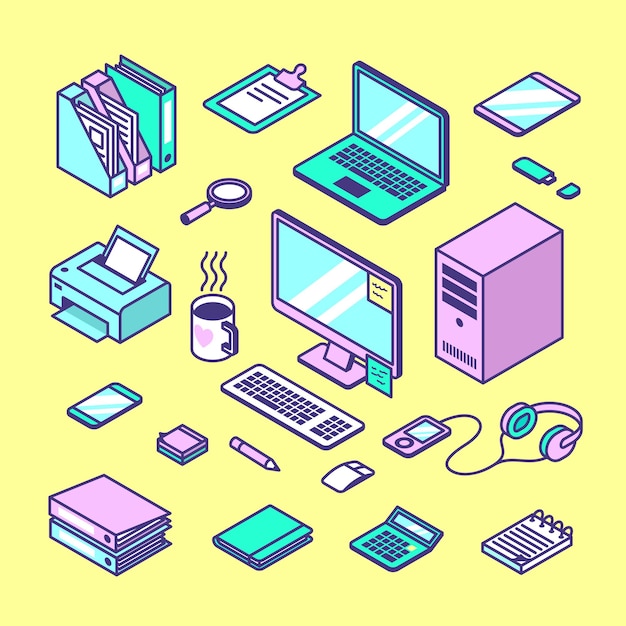 Isometric office workspace Manager objects colorful trendy style stationery Computer laptop print and tablets Online study or home business tidy vector set