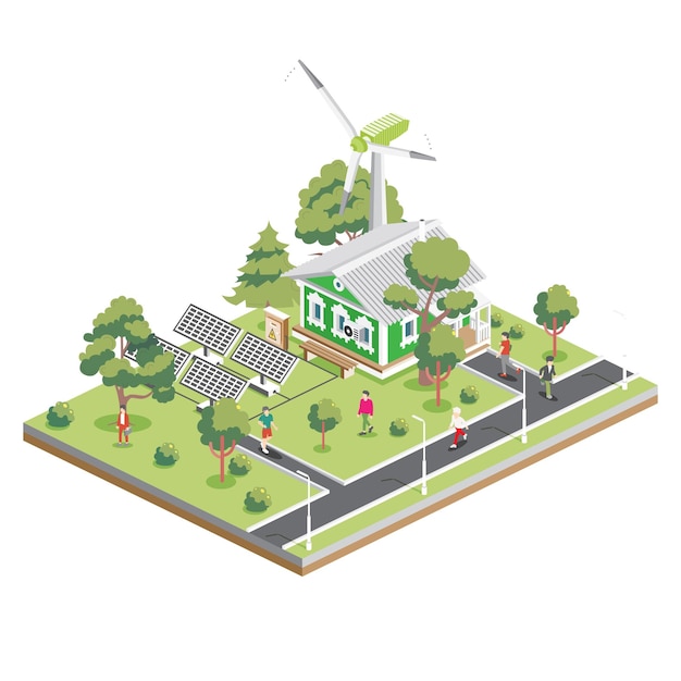 Isometric old house with solar panels and wind turbine in suburb eco friendly house infographic element vector illustration city architecture isolated on white background ecologically clean city