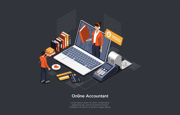 Isometric Online Accountant Concept. Woman Accountant Is Preparing A Tax Report And Calculating Payment Check Basing On Data. Legal Service Online Invoice Accountant Declaration.