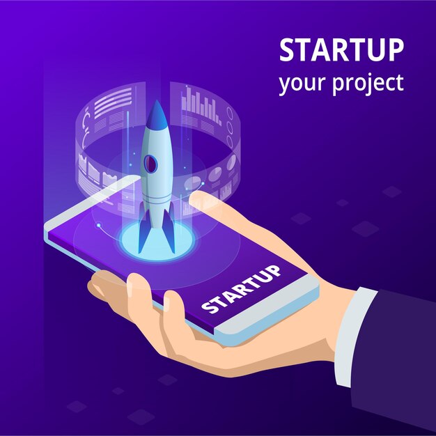 Isometric Online Businnes Start Up for web page, banner, presentation, social media concept. Income and Success. Vector Business Infographics illustration.