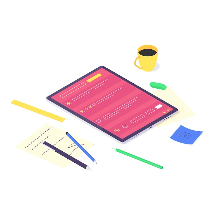 Vector isometric online computer study and teaching concept, technology learn and tutorial network design  illustration.  educations studying and teach flat design isolated on white background