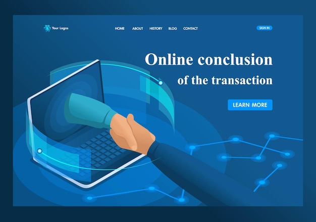 Isometric online conclusion of the transaction between large companies partnership landing page