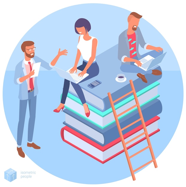 Isometric online education concept  with stack of books man and woman student people characters flat design  template for infographics web design banner poster and mobile app