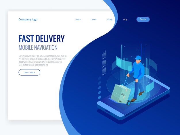 Isometric online Express, Free, Fast Delivery, Shipping concept. Checking delivery service app on mobile phone. Delivery-truck with cardboard box, mobile phone background. Vector illustration.