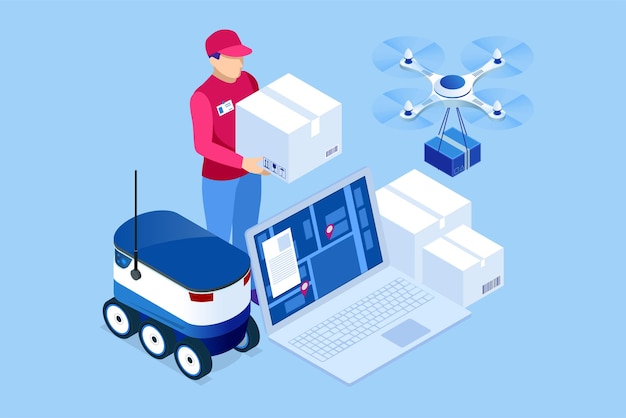 isometric online express free fast delivery shipping concept checking delivery service app on a mobile phone deliverytruck with cardboard box mobile phone background