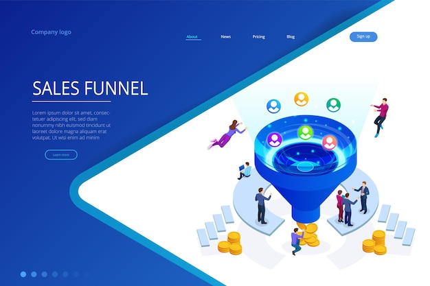 Isometric online funnel generation sales customer generation digital marketing and ebusiness technology concept Landing page template for web Internet marketing vector illustration
