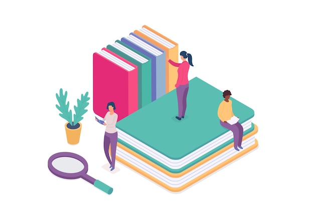 Isometric online library concept people education with book