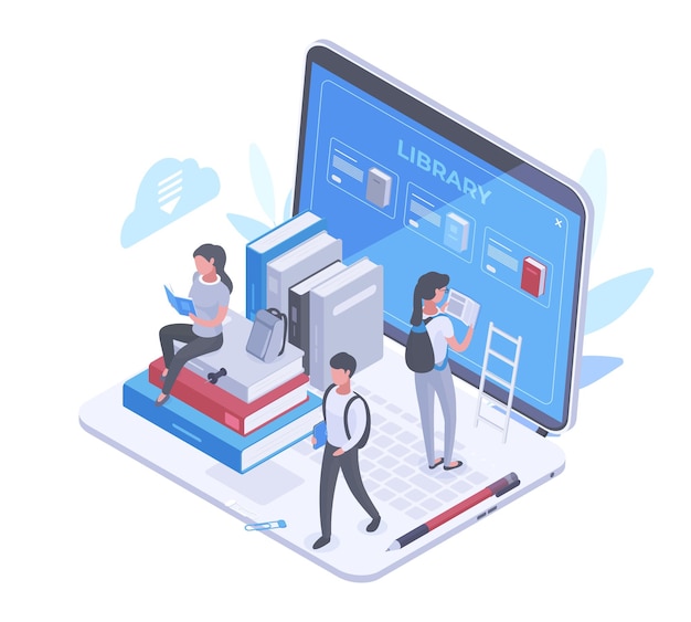 Isometric online library mobile education e-learning concept 3d vector illustration