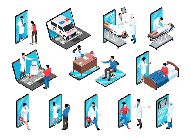 Vector isometric online medicine set of isolated electronic gadget icons doctors and patients characters with ambulance car vector illustration