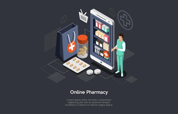 Farmacia online isometrica e farmacista man doctor. assistenza sanitaria, ordinazione online del concetto di farmaci