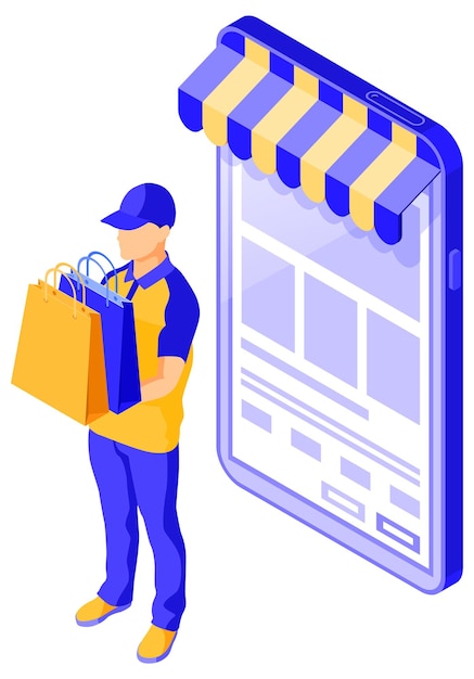 Isometric online shopping delivery logistics concept buy online via smartphone with bag delivery goods delivery man with bags isolated vector illustration