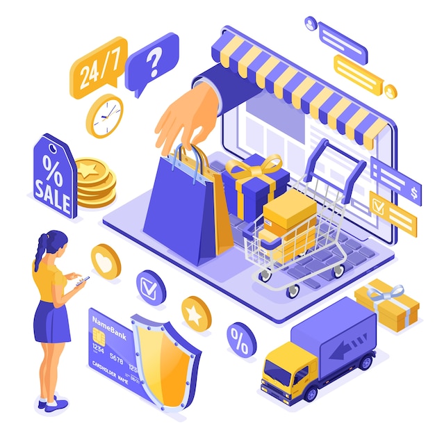 Isometric online shopping, delivery, logistics concept. laptop with hand hold bag online delivery goods, girl, gift, credit card. 24h internet shopping at home. isolated 