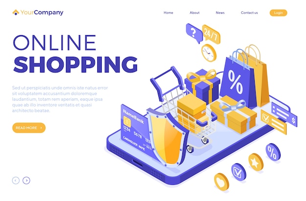 Vector isometric online shopping, delivery, logistics concept. smartphone with bag online delivery goods, gift, shield, cart, credit card. 24h internet shopping. landing page. isolated