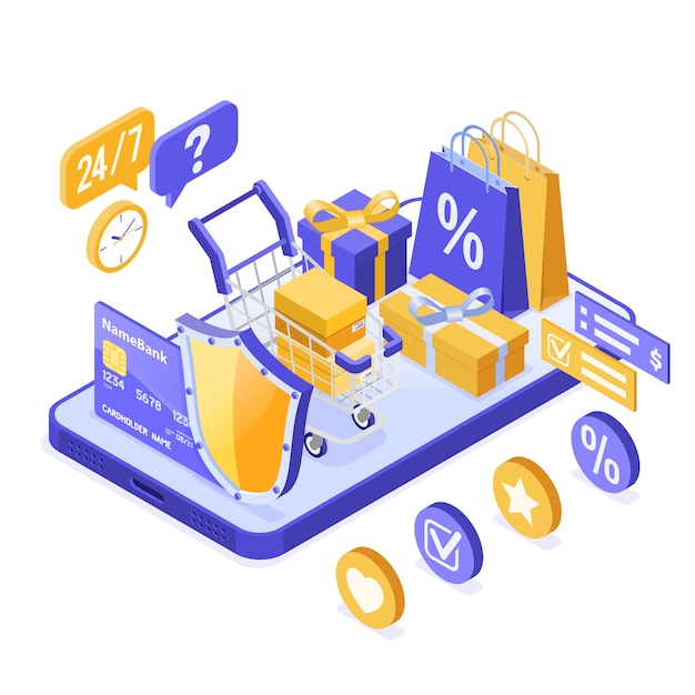 Isometric online shopping, delivery, logistics concept.