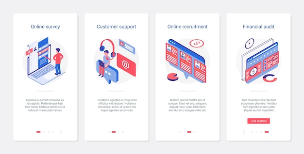 アイソメトリックオンラインサポート、会計監査、uxの採用、uiモバイルアプリページの画面セット