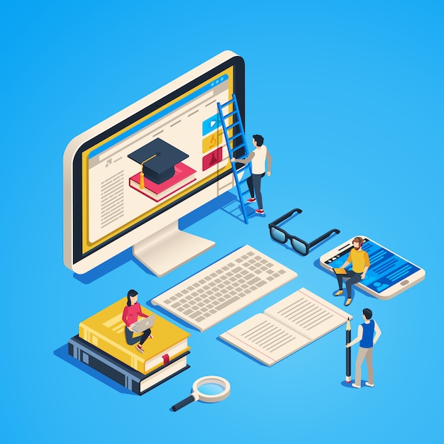 Isometric online teaching. internet classroom, student learning at computer class. online university graduate 3d  illustration