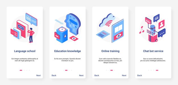 Isometric online training course, education UX, UI onboarding mobile app page screen set