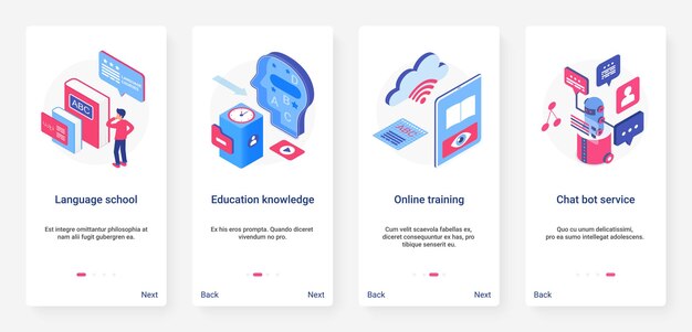 Corso di formazione online isometrico, ux di istruzione, set di schermate della pagina dell'app mobile di onboarding dell'interfaccia utente