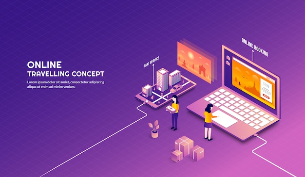 Vettore viaggio online isometrico e concetto di design di prenotazione