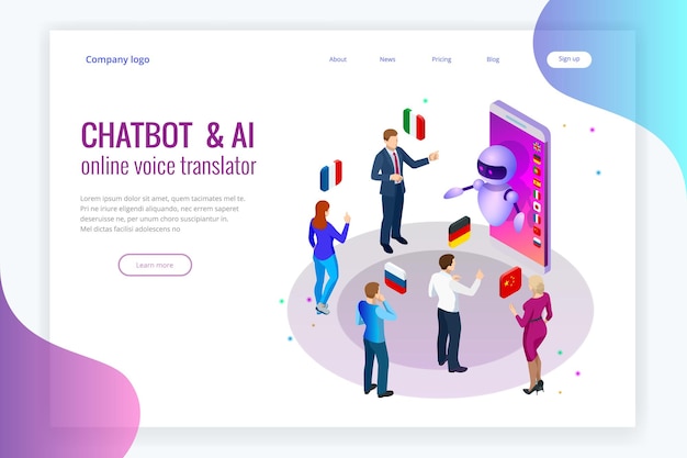 Isometric online voice translator and learning languages concept. E-learning, translate languages or audio guide. Artificial Intelligence chatbot translator.