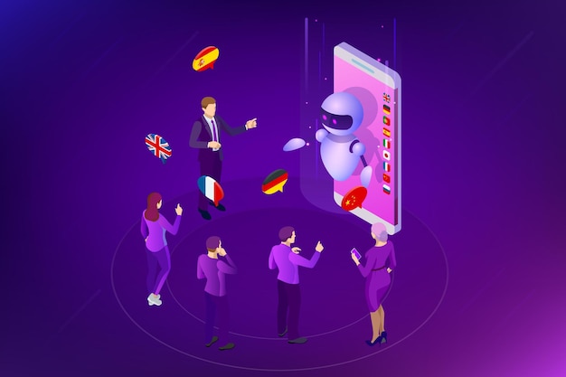 Isometric online voice translator and learning languages concept. e-learning, translate languages or audio guide. artificial intelligence chatbot translator