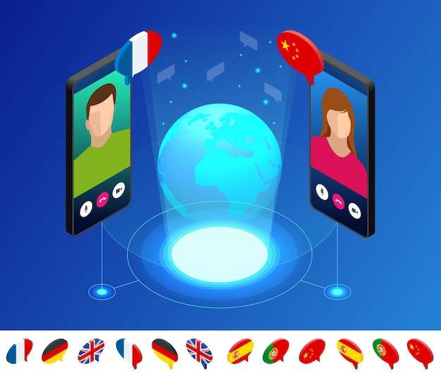 Isometric online voice translator and learning languages concept. Learning, translate languages or audio guide. Artificial Intelligence chatbot translator.