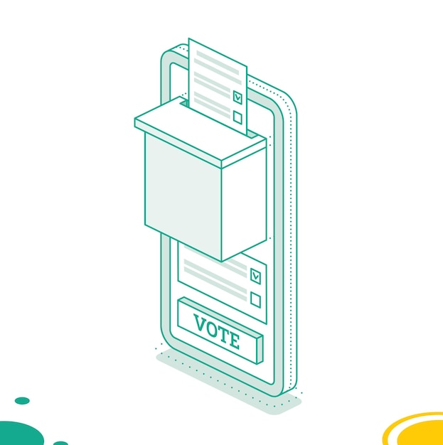 Vettore voto online isometrico e concetto elettorale utilizzando lo smartphone smartphone con voto sullo schermo le persone votano online utilizzando l'app mobile per scegliere il loro candidato