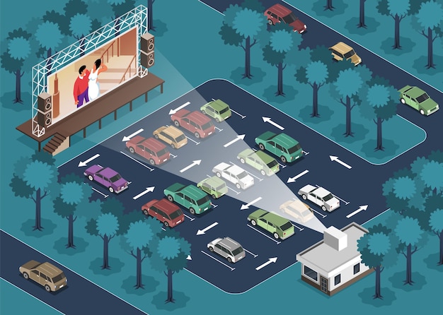 Vector isometric open air cinema illustration