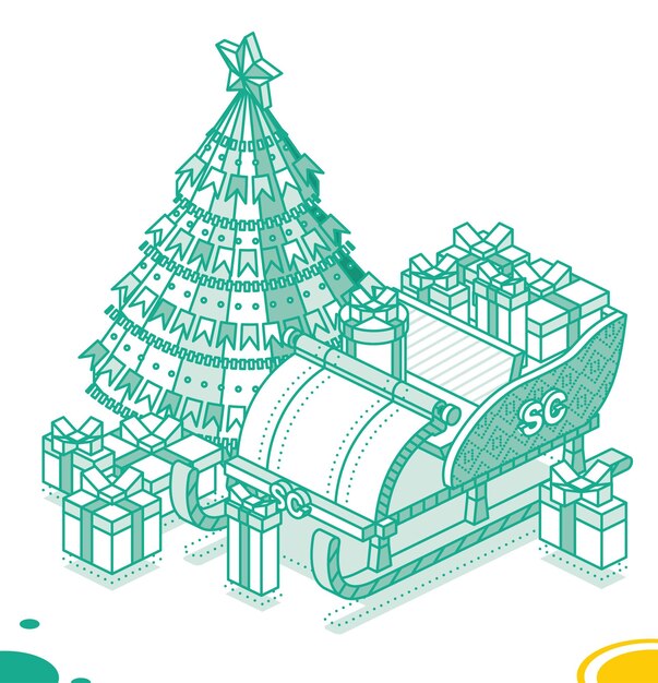 isometric open sleigh with bunch gift boxes and christmas tree outline concept