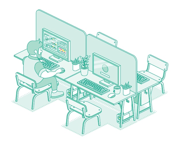 isometric open space office isolated on white background outline linear style man working on computer in modern office programmer or web designer four desks with computer
