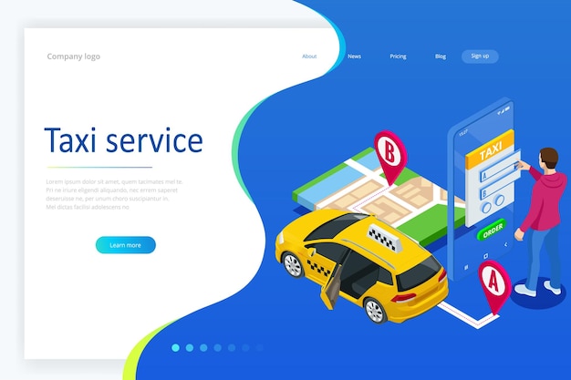 Vector isometric ordering online taxi and call a taxi online mobile application concept for landing page street traffic parking city transport gps route point pins on smartphone and touchscreen