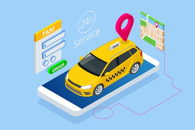 Vector isometric ordering online taxi and call a taxi online mobile application concept for landing page street traffic parking city transport gps route point pins on smartphone and touchscreen