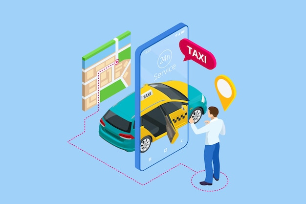 isometric ordering online taxi and call a taxi online mobile application concept for landing page street traffic parking city transport gps route point pins on smartphone and touchscreen
