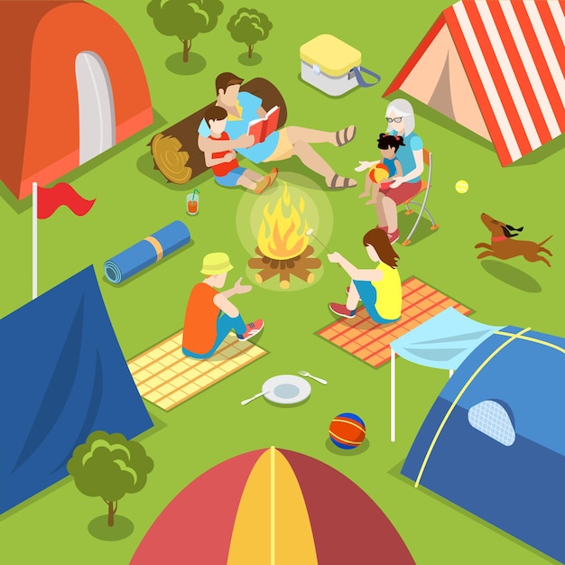 Isometric outdoor camping bonfire picnic family lifestyle time spending concept