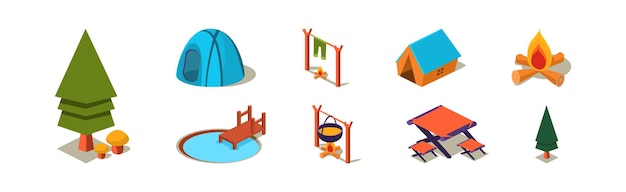 Isometric outdoor camping element and equipment vector set tourism and hiking adventure concept