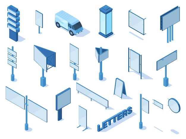 Изометрические наружная уличная реклама средств массовой информации рекламные щиты и баннеры. рекламные щиты, конструкции вывесок, набор векторных иллюстраций городских советов. рекламный рекламный щит