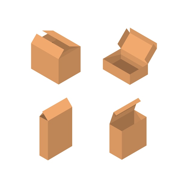 Insieme di vettore della scatola di imballaggio isometrica. collezione di scatole di cartone in stile cartone animato solated su sfondo bianco.