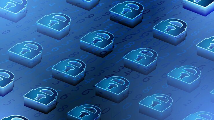 Vector 아이소메트릭 자물쇠 잠금 보안 안전 시스템 이진 코드 배경디지털 이진 데이터 및 보안 데이터 개념 파란색 배경 벡터 일러스트 레이 션