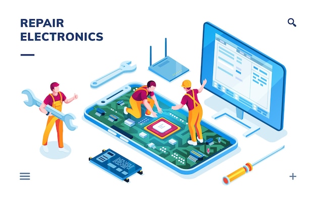 Pagina isometrica per il servizio di riparazione dell'elettronica