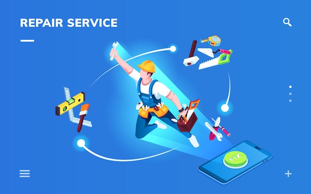 Isometric page for smartphone repair service application. Worker for apartment renovation or foreman with tools for construction or home fixing.
