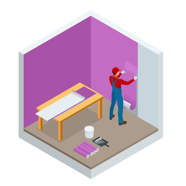 Vector isometric painter worker painting wall with background glue for a wallpaper. vector illustration of repair, building and home concept.