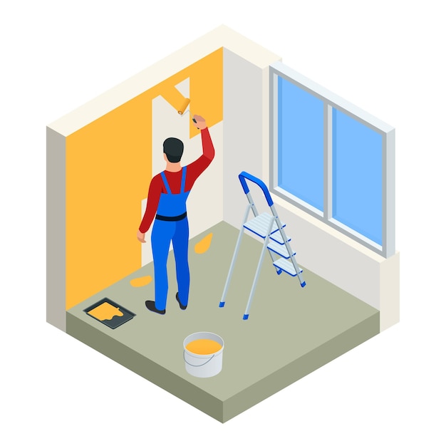 Isometric Paintroller painting white wall with roller yellow paint. Flat 3d modern vector illustration. Paintroller, people occupations, profession.