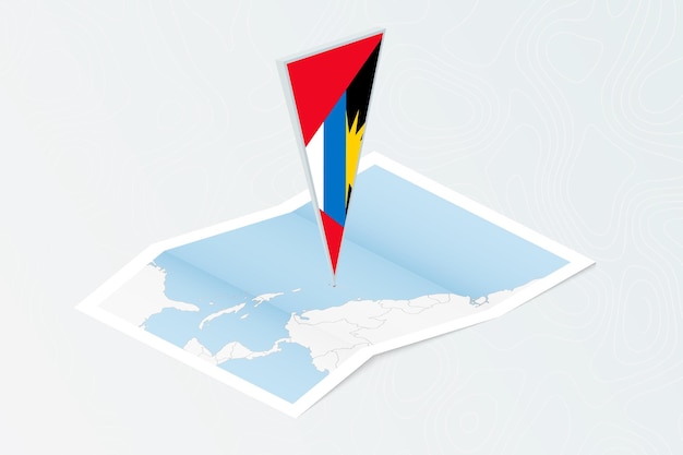 Vector isometric paper map of antigua and barbuda with triangular flag of antigua and barbuda in isometric style map on topographic background