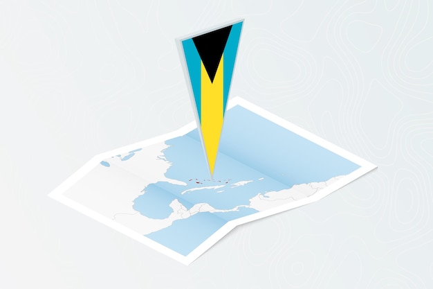 Vector isometric paper map of the bahamas with triangular flag of the bahamas in isometric style map on topographic background